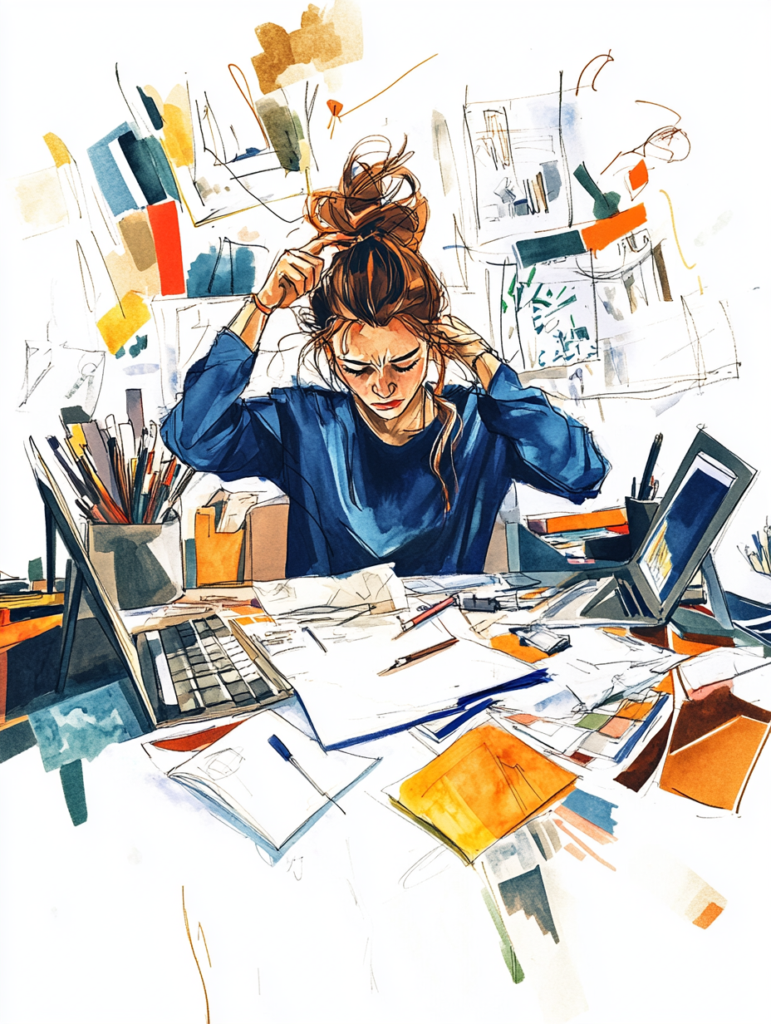 profit insiders academy accelerated stressed interior designer with hands on head and cluttered desk